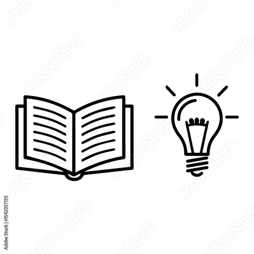 An open book sits beside a lit light bulb Both are depicted as black and white line drawings