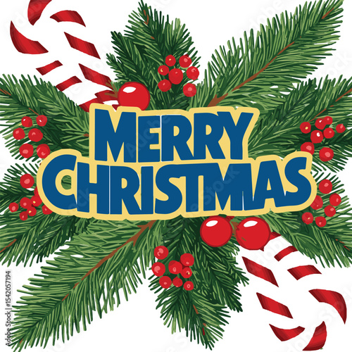 Merry christmas festive design with candy canes and pine branches