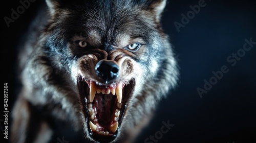 A powerful wolf snarls with intensity under dramatic lighting, capturing the wild's raw energy and fierceness, embodying the spirit of nature's true predator.
