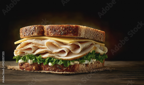 A mouthwatering turkey and cheese sandwich, layered with crisp lettuce, sits on rustic wood. The hearty grain bread adds a delightful texture.