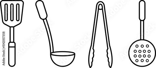 Illustration of Kitchen Utensils Including Ladle, Spatula, Tongs, and Skimmer.