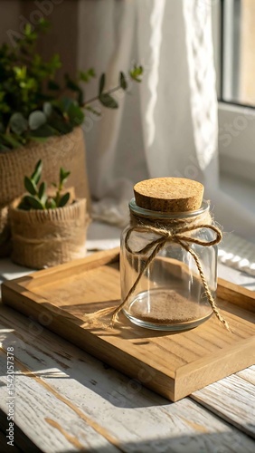 Wallpaper Mural Empty glass jar with cork lid on wooden tray Torontodigital.ca