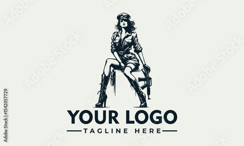 Illustration of a woman in military attire seated with a rifle, presented as a logo design.