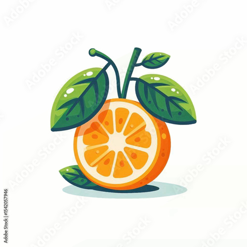 An orange slice is surrounded by leaves displayed on a white background with a gentle shadow