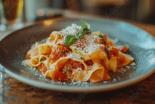 Delicious plate of pasta with fresh tomato sauce, herbs garnish and parmigiano, rustic and cozy presentation