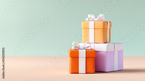 Pastel Orange and Purple Gift Boxes Stacked on Beige Surface
