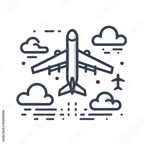 Airplane flying among clouds in minimalist line art style  