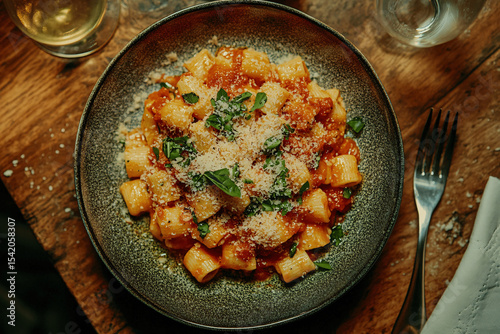 Delicious plate of pasta with fresh tomato sauce, herbs garnish and parmigiano, rustic and cozy presentation