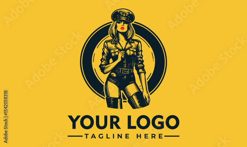 Stylish female figure in aviator attire, logo design, vintage aesthetic.