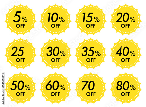シンプルで使いやすい割引率別セールのオフバッジアイコンセット(クーポン セール 5% 10% 15% 20% 30% 50% 60% 70% 80%OFF ベクター 編集可能 黄色)