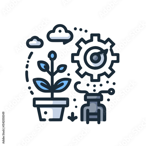 Plant growth with gear and pump illustration in minimal style  