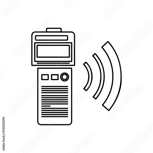 An outlined handheld device with a screen buttons and signal waves emanating from the right side