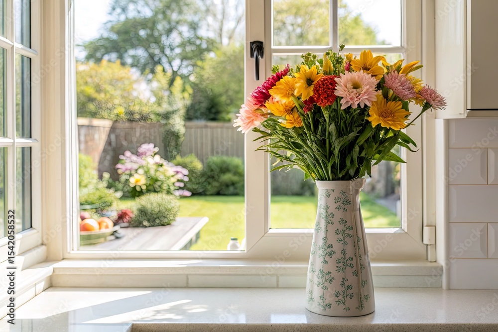 Fototapeta premium Vibrant bouquet of flowers in a vase on a kitchen counter with a sunny garden view outside