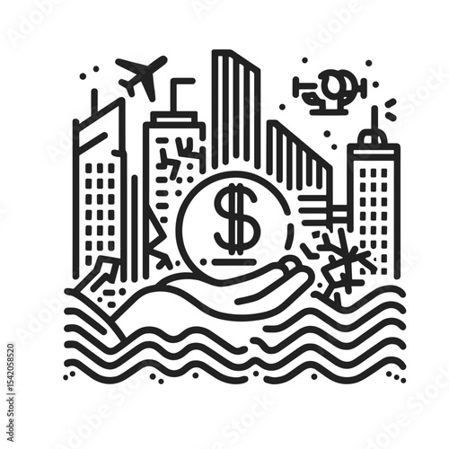 Financial cityscape with dollar symbol and hand over flowing water  