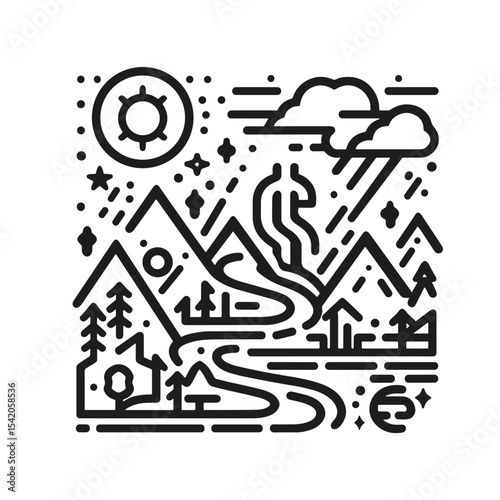 Abstract line art landscape with mountains, river, and sun  