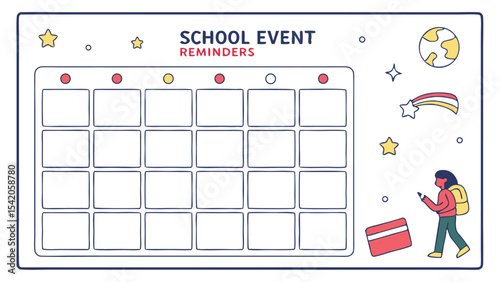 School event reminders calendar with stars, planet, shooting star, student and credit card illustration