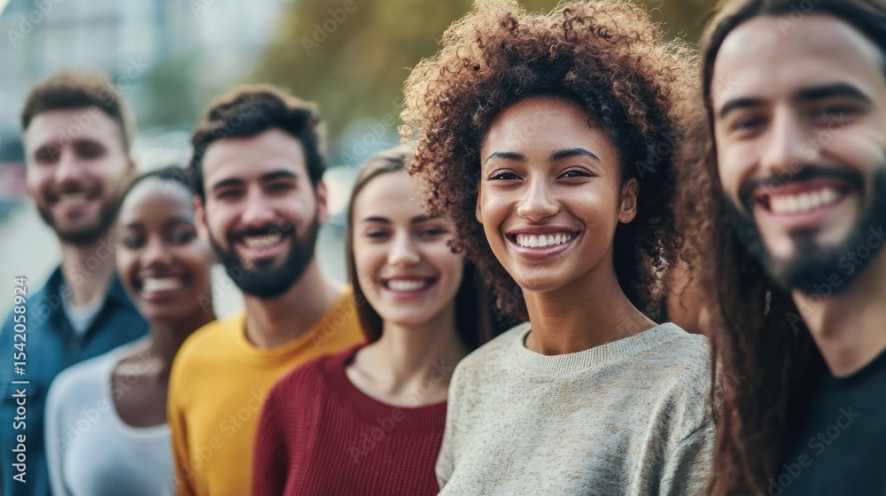Fototapeta premium A diverse group of people standing together, smiling and laughing. The group includes individuals of different ages, genders, and ethnicities.