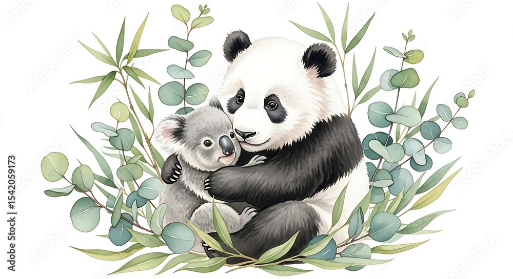Obraz premium Watercolor of a panda cub hugging a baby koala among eucalyptus and bamboo leaves, cute forest animals in a pastel setting