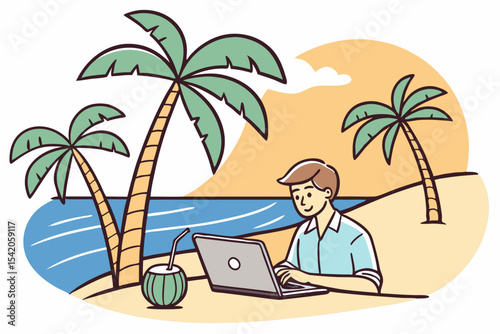 Remote worker at tropical beach using laptop with palm trees and coconut drink