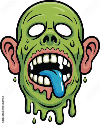 A grotesque and slimy green cartoon zombie head with its mouth wide open, dripping goo, and a blue tongue, perfect for Halloween designs, horror themes, scary illustrations.