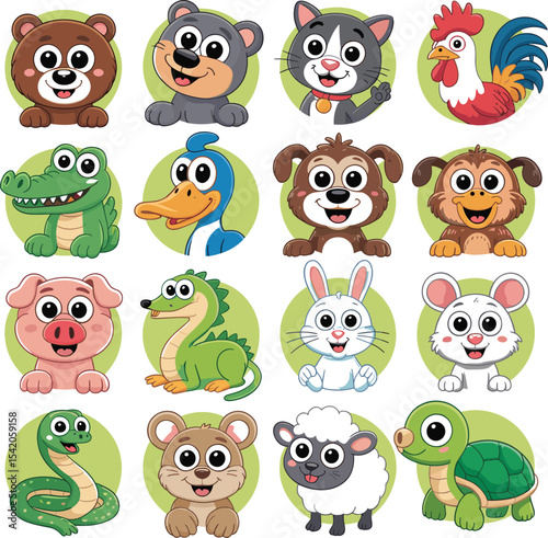 A delightful collection of cute and friendly cartoon animal characters, including a bear, cat, dog, pig, and many more, perfect for children's designs, educational materials, game assets.
