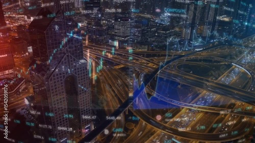 image of data processing over cityscape. global business, digital interface, connections and digital interface concept digitally generated image.