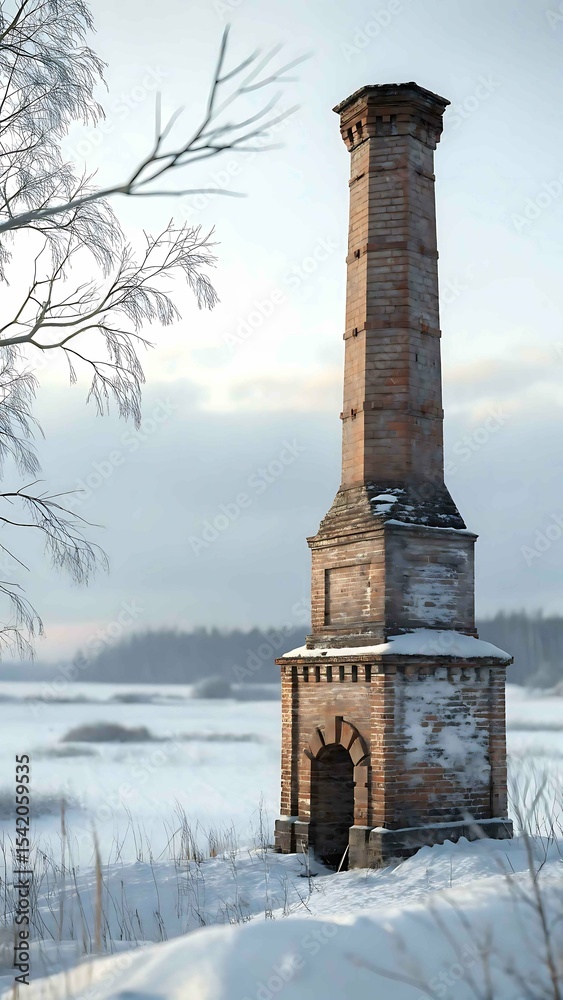 Fototapeta premium Old brick chimney in snowy winter landscape