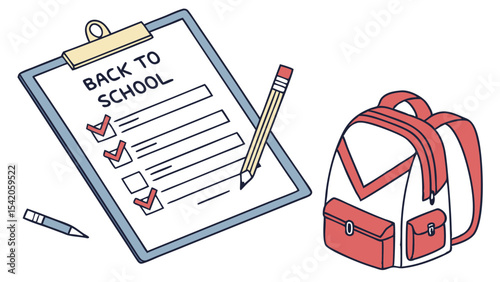 A back to school checklist on a clipboard with checkmarks and a pencil next to a backpack illustration