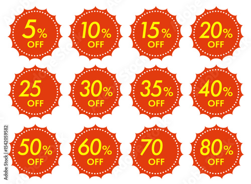 シンプルで使いやすい割引率別セールのオフバッジアイコンセット(クーポン セール 5% 10% 15% 20% 30% 50% 60% 70% 80%OFF ベクター 編集可能 赤)