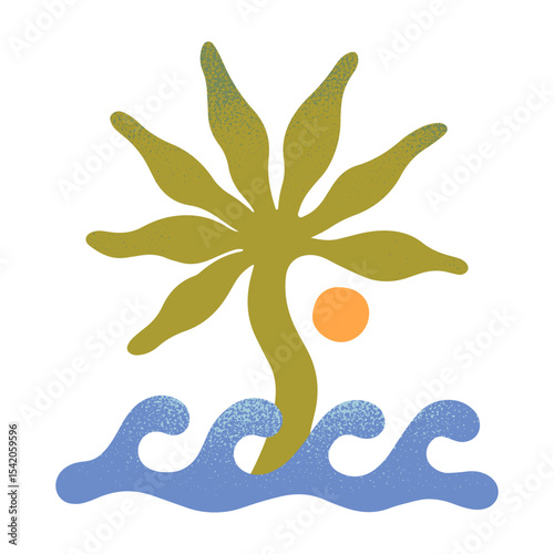 Summer beach,surf club illustration.Hand drawn ocean or sea waves with palm,sun.Modern graphic in naive simple style for banners,smm,branding,packaging, covers,prints.Retro summer vacation aesthetic