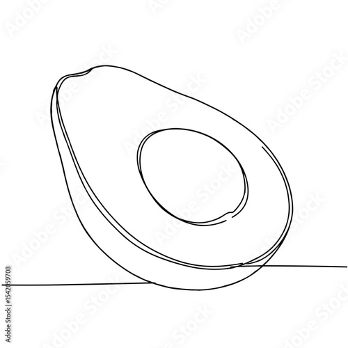 Continuous line drawing of an avocado half on a flat surface  