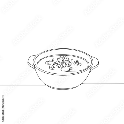 Line drawing of a bowl of soup with herbs on white background  