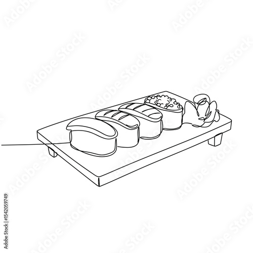 Sushi platter illustration with various types on wooden board  