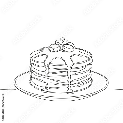 Line drawing of stack of pancakes with syrup and toppings on plate  