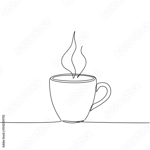 Simple line drawing of a steaming coffee cup on a table  