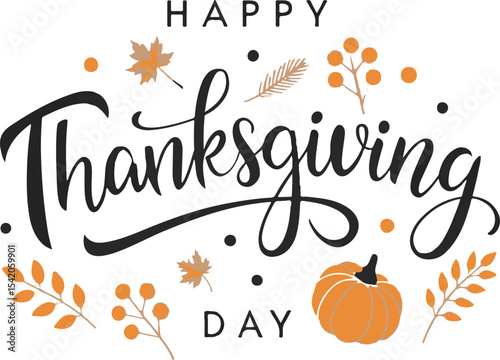 Happy thanksgiving day greeting card with pumpkin and autumn leaves