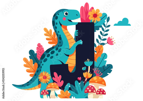 Colorful dinosaur and letter J design with flowers and mushrooms on transparent background copy space