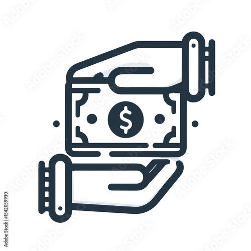 Hands exchanging cash in line art style on white background  