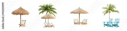 Tropical beach vacation scene with palm trees and beach chairs under umbrellas