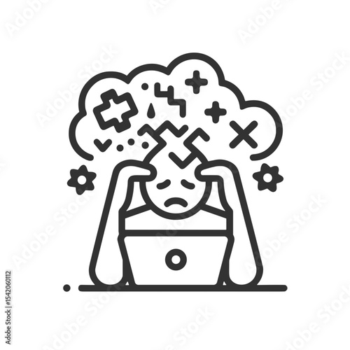 Stressed person with hands on head sitting at a laptop with chaos  