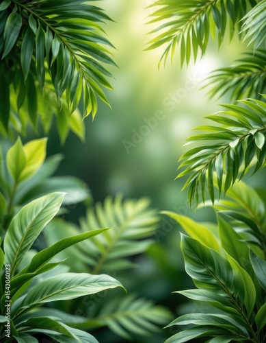 soft tropical background with light green tones and blurred foliage, space in middle free of objects