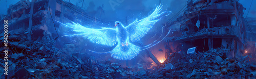 Holographic dove with neon blue light trails flying through shattered urban ruins, volumetric fog and particle effects creating cyberpunk atmosphere, digital art with symbolism of chaos and hope.