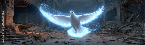 Holographic dove with neon blue light trails flying through shattered urban ruins, volumetric fog and particle effects creating cyberpunk atmosphere, digital art with symbolism of chaos and hope.