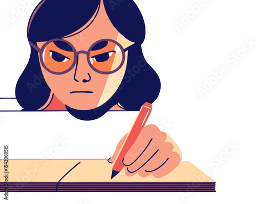 A woman with glasses holding a red pen and writing 