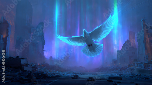 Holographic dove with neon blue light trails flying through shattered urban ruins, volumetric fog and particle effects creating cyberpunk atmosphere, digital art with symbolism of chaos and hope.