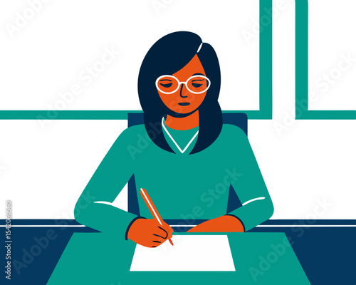 Focused Woman with Glasses Writing - Red Pen Annotation Vector Illustration