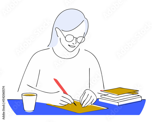 Focused Woman with Glasses Writing - Red Pen Annotation Vector Illustration