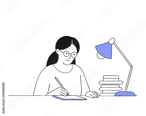Focused Woman with Glasses Writing - Red Pen Annotation Vector Illustration
