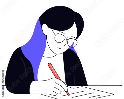 Focused Woman with Glasses Writing - Red Pen Annotation Vector Illustration