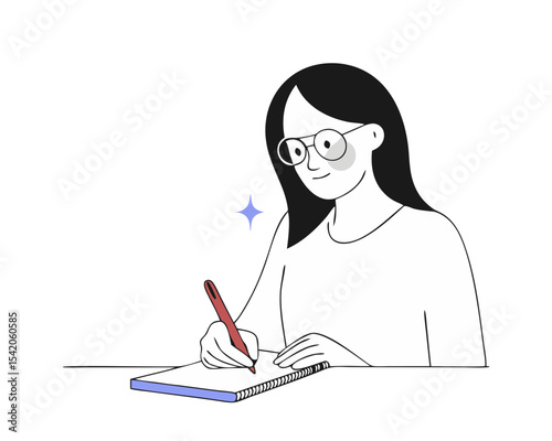 Focused Woman with Glasses Writing - Red Pen Annotation Vector Illustration